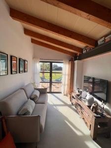 ein Wohnzimmer mit Sofa und Fernseher in der Unterkunft Los Dos Caballeros Winery & Vacation Rental in Llubí