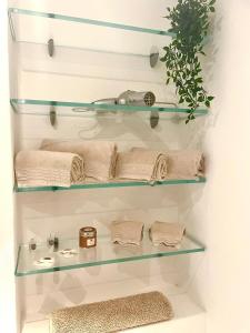 une étagère en verre avec des serviettes et une plante sur celle-ci dans l'établissement Esclusivo bilocale centralissimo, à Saint-Moritz