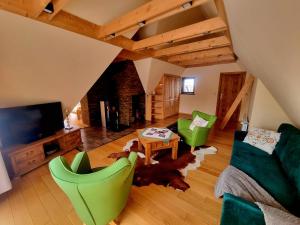 un salon avec des fauteuils verts et une télévision dans l'établissement Willa Regina II Resort & SPA, à Zakopane