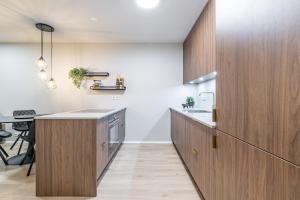 a kitchen with wooden cabinets and a counter top at Grandinn Luxury apartment in Downtown Reykjavík in Reykjavík