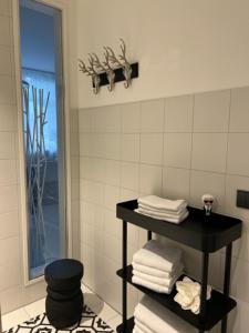 a bathroom with a shelf with towels and a mirror at InkBlue-Apartment in Heidenau