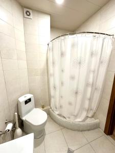 Un baño con inodoro y cortina de ducha en Studio Flat in Center of Tbilisi, en Tiflis