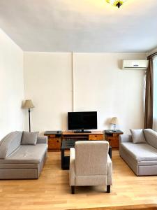 Una sala de estar con un sofá y un televisor. en Studio Flat in Center of Tbilisi, en Tiflis 3 fotos más