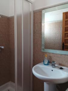 uma casa de banho com um lavatório e um chuveiro com um espelho. em LA SOLANA em Valdemoro-Sierra