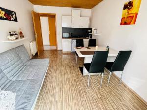 a living room with a table and chairs and a kitchen at kleine ein Zimmer Wohnung mit Gartenanlage in Salem