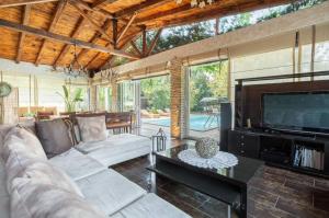 a living room with a couch and a tv at Turdus Merula Retreat in Nea Makri