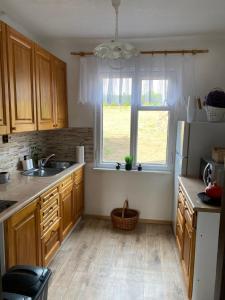 een keuken met een wastafel en een raam bij Chata na Hadině - 30m od vody in Humpolec