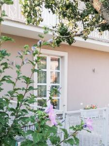una ventana en una casa con flores rosas en B&b Villa Elena - Irpinia, en Mirabella Eclano