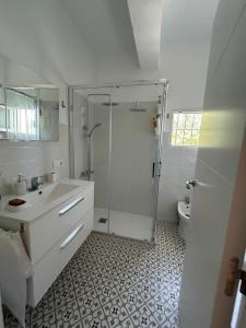 a bathroom with a shower and a sink and a toilet at Casa de la Sierra in Arroyo de la Plata