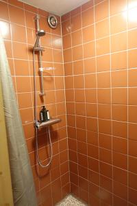 La salle de bains est pourvue de carrelage orange et d'une douche. dans l'établissement Attic apartment on countryside, à Mörarp