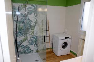 eine Dusche im Bad mit einer Waschmaschine in der Unterkunft CHARMANT APPARTEMENT en BRETAGNE, PROCHE La BAULE et GRANDE PLAGE, 4 ETOILES in Batz-sur-Mer + 11 Fotos