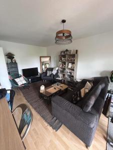 ein Wohnzimmer mit einem schwarzen Sofa und einem Tisch in der Unterkunft Appartement agréable 1 chambre in Mérignac