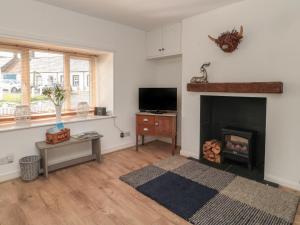 a living room with a fireplace and a television at 2 Cross View in Berwick-Upon-Tweed