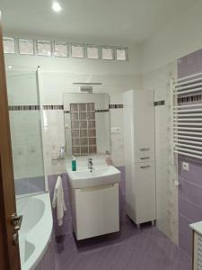 a bathroom with a sink and a toilet and a tub at Veľký Apartmán 2-4 osôb v srdci Tatier in Liptovský Hrádok