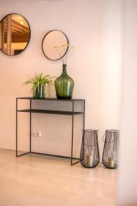 a table with two plants and a mirror on a wall at Apartment Greta by Interhome in Stams