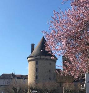 um edifício com uma árvore em frente em Chambre privée 2 personnes em Bourganeuf