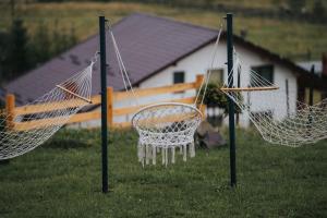 three swings in the grass in a yard at Cozy Cube - tiny house 