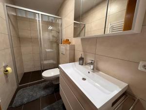 a bathroom with a sink and a toilet and a shower at Apartment Flachgau by Interhome in Saalbach-Hinterglemm