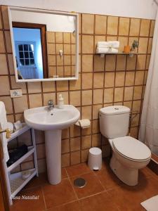 y baño con aseo, lavabo y espejo. en Casa Natalia., en Taibique