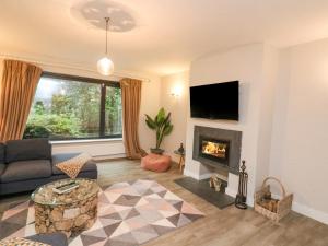 a living room with a couch and a fireplace at Landmark in Salcombe