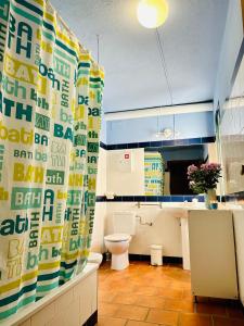 a bathroom with a toilet and a shower curtain at Apartamentos Turísticos Santa Marina in Aracena