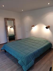a bedroom with a blue bed and a mirror at bungalow au calme in Saint-Savournin