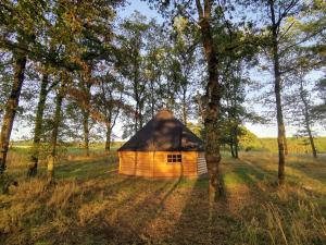 een kleine houten hut in een veld met bomen bij La Parenthèse Meslandaise in Mesland