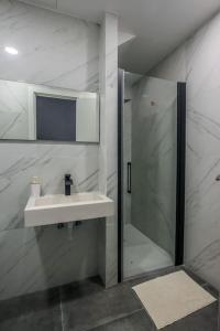 a bathroom with a sink and a shower at Fantástica y amplia casa de diseño in Los Mártires
