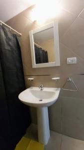 Un baño con lavabo, espejo y ducha. en Encanto Fueguino calido centrico wifi para dos, en Ushuaia