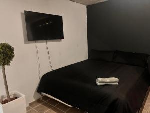 a bedroom with a black bed with a flat screen tv at Portobelo in San Juan