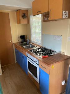 a small kitchen with a stove and a sink at Mobil-Home standard in Voyennes