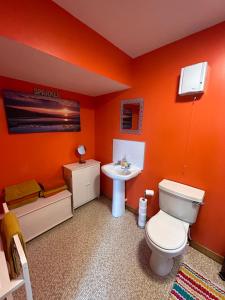 an orange bathroom with a toilet and a sink at Old Dairy in Tain