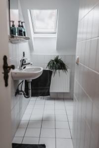baño blanco con lavabo y ventana en Boutique Hotel Cologne, en Colonia