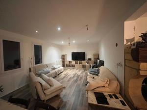 a living room with two couches and a television at Chalet d’Ax Pyrénées in Ax-les-Thermes