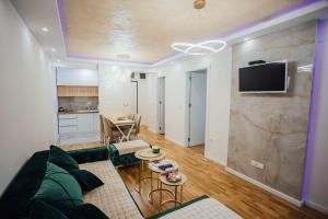 a living room with a couch and a tv on a wall at Apartman Aleksej Valjevo in Valjevo