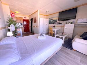 a bedroom with a large white bed and a living room at Tropicalidays Paraiso del Sur in Adeje