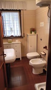 y baño con aseo blanco y lavamanos. en Monolocale Monti Pallidi, en Domegge di Cadore