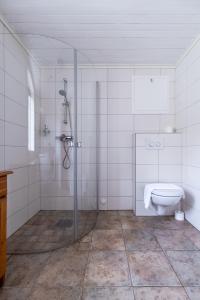 bagno con doccia e servizi igienici. di Reinefjorden Sjøhus a Reine