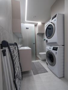 a bathroom with a washing machine and a toilet at Cozy Apartment Vilnius in Vilnius