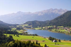 a view of a valley with a lake and mountains at Fewo Waldheim in Greifenburg