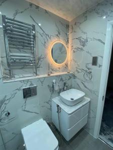 Un baño con inodoro, lavabo y espejo. en One Bedroom Flat in Chiswick W4, en Londres