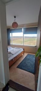 um quarto com uma cama e uma grande janela em Hrafnabjörg 4 em Hrafnabjorg