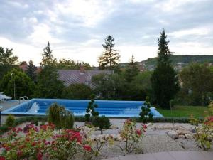 a large swimming pool in a yard with flowers at Kati Villa in Vonyarcvashegy