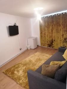 a living room with a blue couch and a rug at Self contained 2 Bedroom flat in Southwark in London