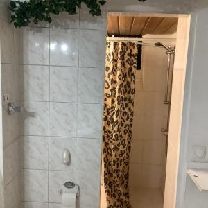 a shower with a shower curtain in a bathroom at Schönes Doppelbettzimmer im Untergeschoss inkl Parkplatz nach Verfügbarkeit in Essen
