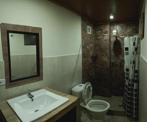 a bathroom with a sink and a toilet and a shower at Hotel la guaneña in Ipiales