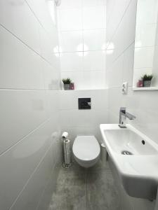 a white bathroom with a toilet and a sink at MMRent Princess Room in Gdańsk