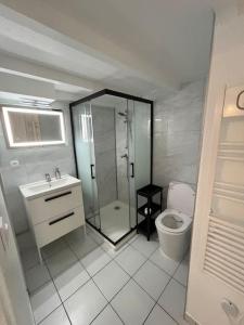 a white bathroom with a shower and a toilet at Le Cosy’ Moderne - Proche Musée d'Art Moderne in Strasbourg