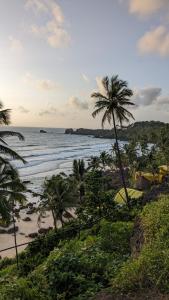 a view of a beach with palm trees and the ocean at Santana Guest House in Agonda