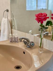 a bathroom sink with a vase with a rose in it at Berg Escape Kiepersol - Spacious Luxury Family Home in Winterton